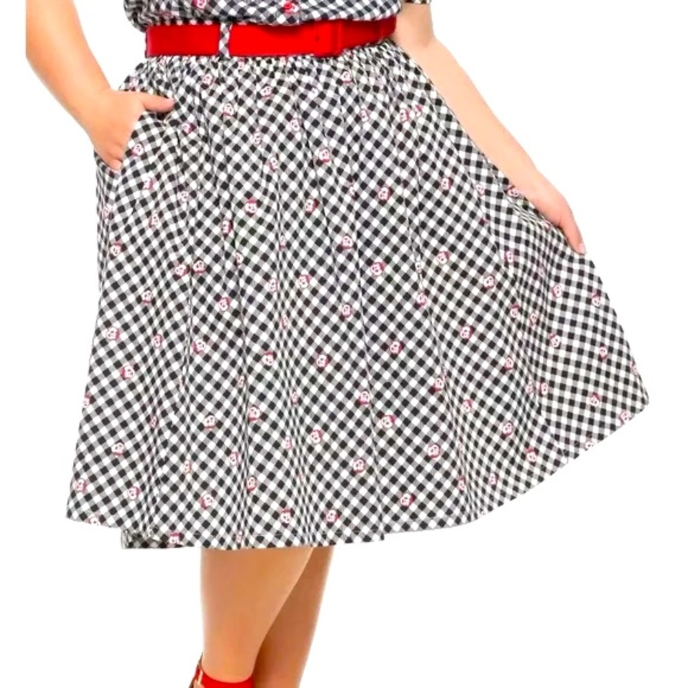 Disney Black and White Checkered Midi Skirt with Red Accents